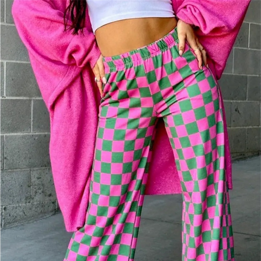 Pink and Green Elastic Waist Checkered Pants XXL